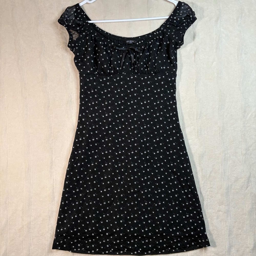 Guess Jeans Black Ditsy Floral Milkmaid Mini Dress Sheer Cap Sleeve Womens M